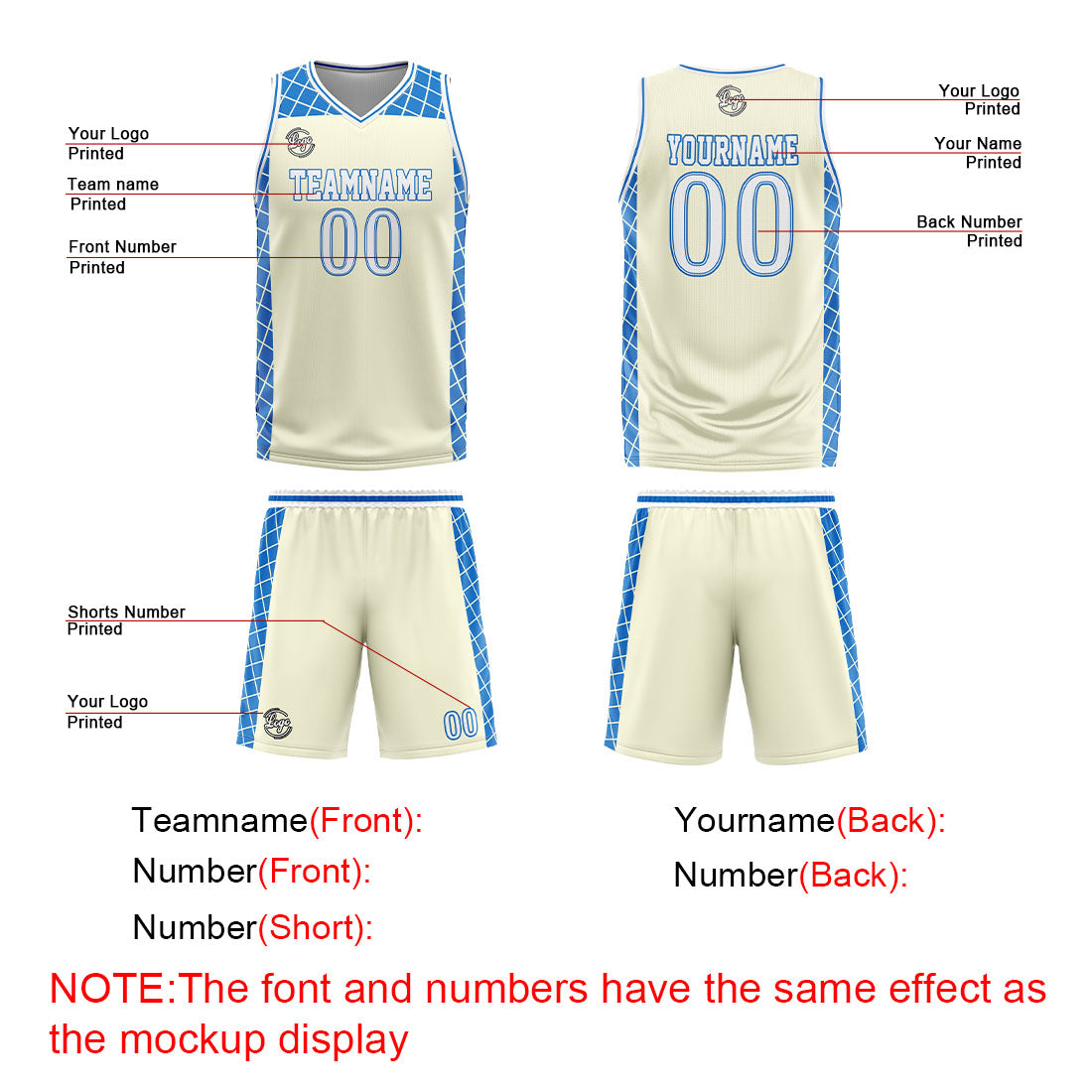 Benutzerdefinierter Creme Blau Basketball Jersey Uniform Anzug gedruckt Ihr Logo Name Nummer