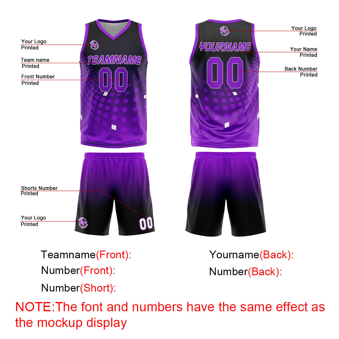 Benutzerdefinierter Schwarz Lila Basketball Jersey Uniform Anzug gedruckt Ihr Logo Name Nummer