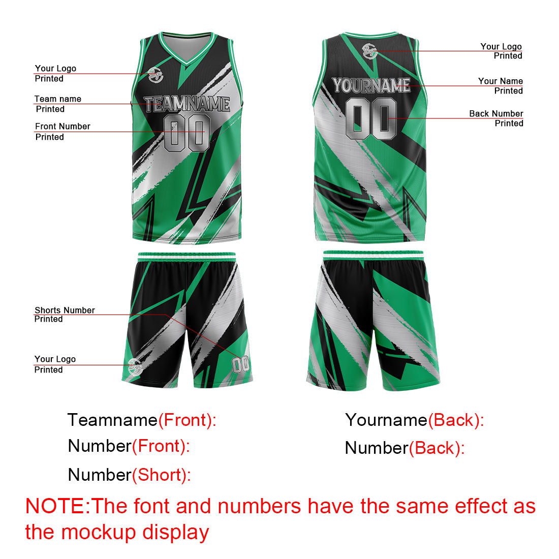 Benutzerdefinierter Schwarz Grün Grau Basketball Jersey Uniform Anzug gedruckt Ihr Logo Name Nummer