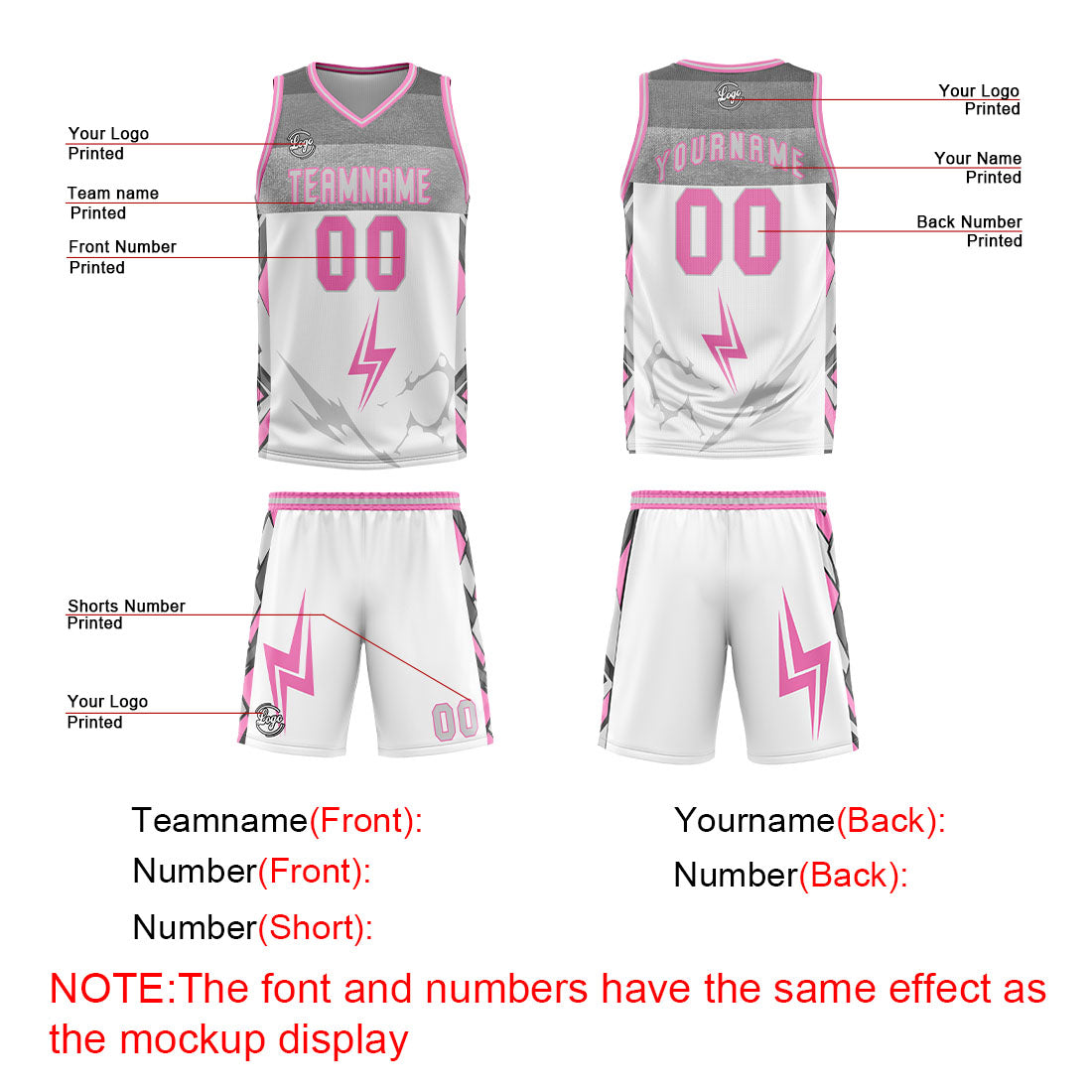 Benutzerdefinierter Weiß Grau Rosa Basketball Jersey Uniform Anzug gedruckt Ihr Logo Name Nummer