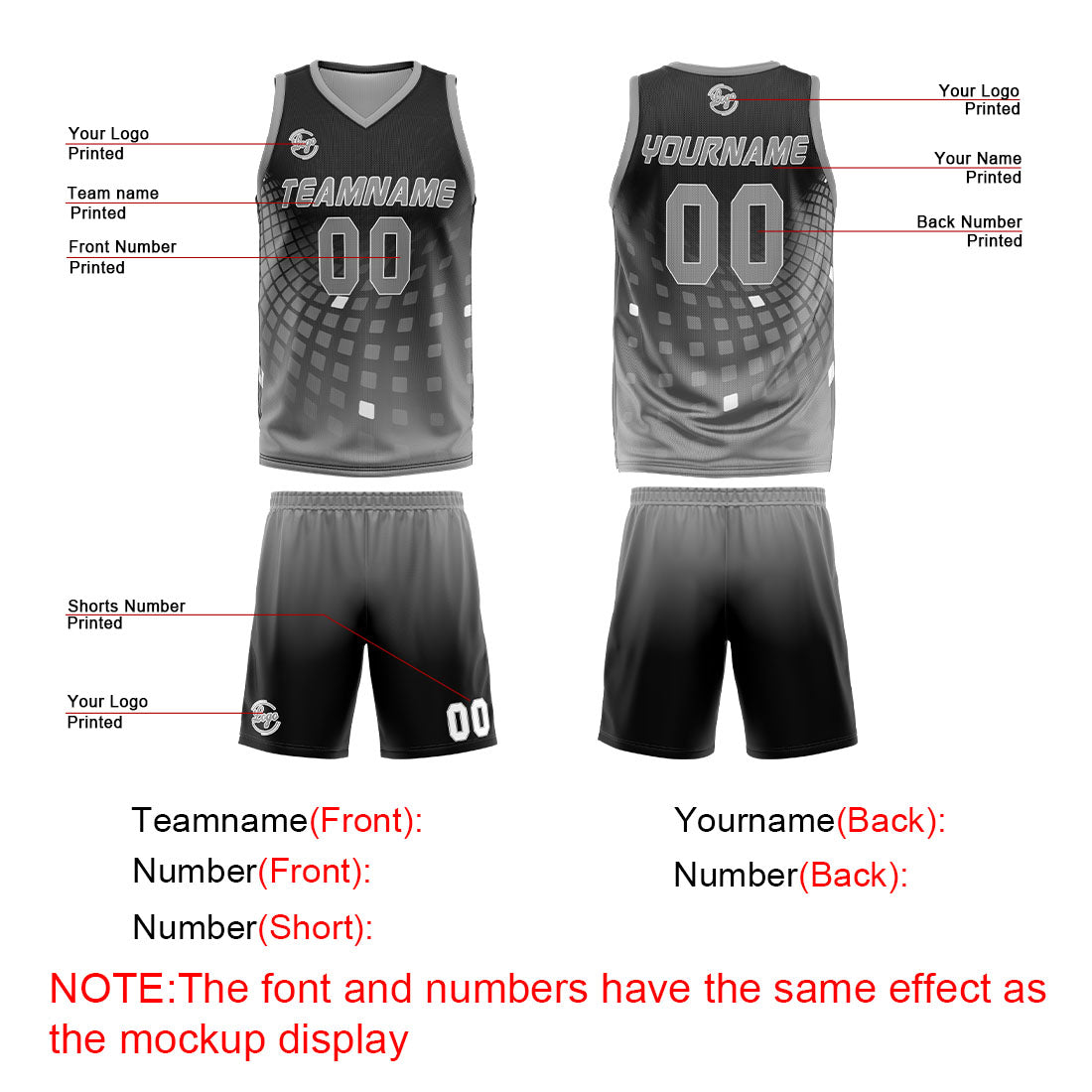 Benutzerdefinierter Schwarz Grau Basketball Jersey Uniform Anzug gedruckt Ihr Logo Name Nummer