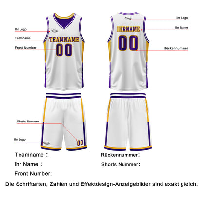 Benutzerdefinierte Weiß Lila Gelb Reversible Basketball Jersey Personalisierte Drucken Name Nummer Logo