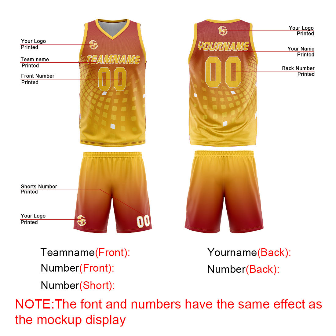 Benutzerdefinierter Rot Gelb Basketball Jersey Uniform Anzug gedruckt Ihr Logo Name Nummer