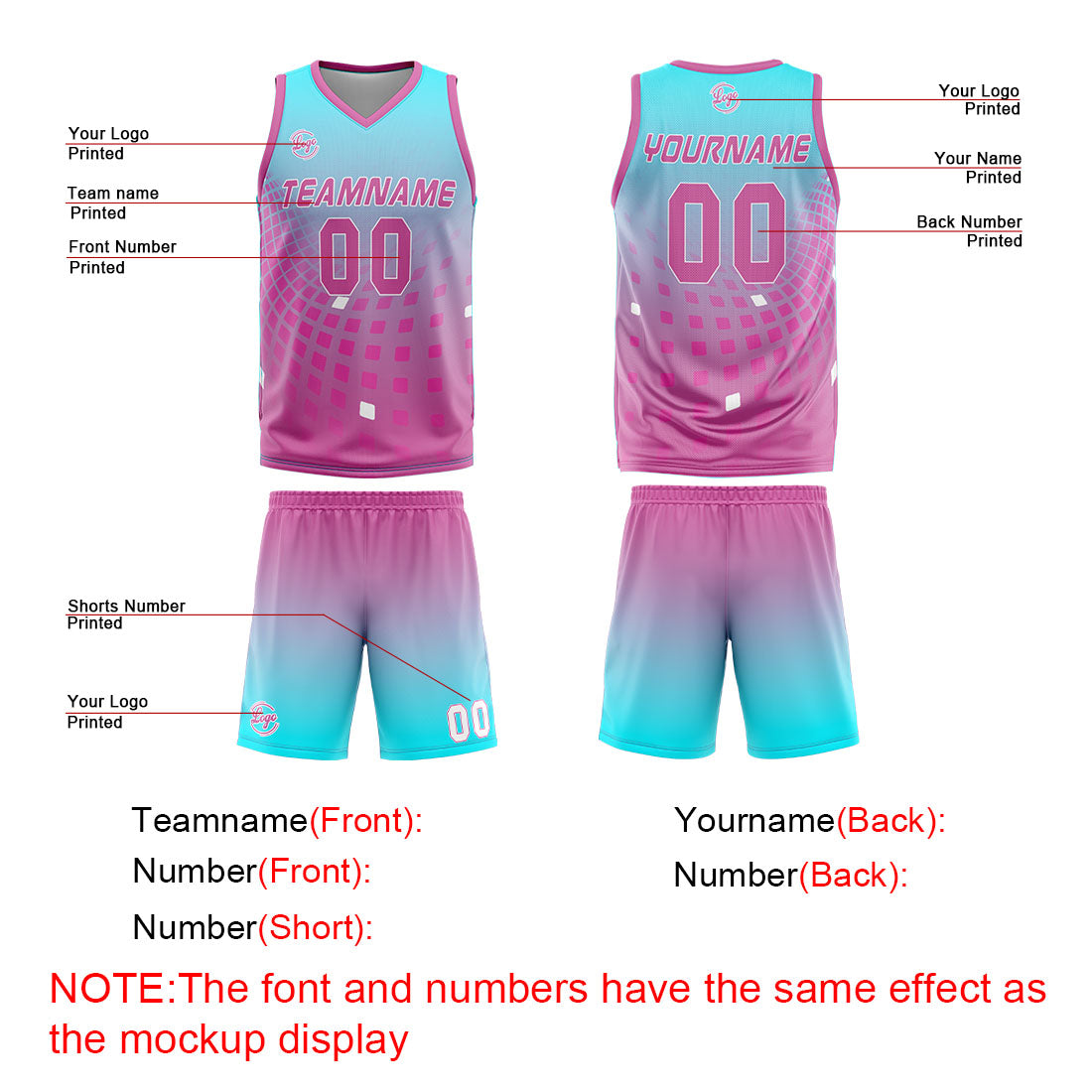 Benutzerdefinierter Hellblau Rosa Basketball Jersey Uniform Anzug gedruckt Ihr Logo Name Nummer