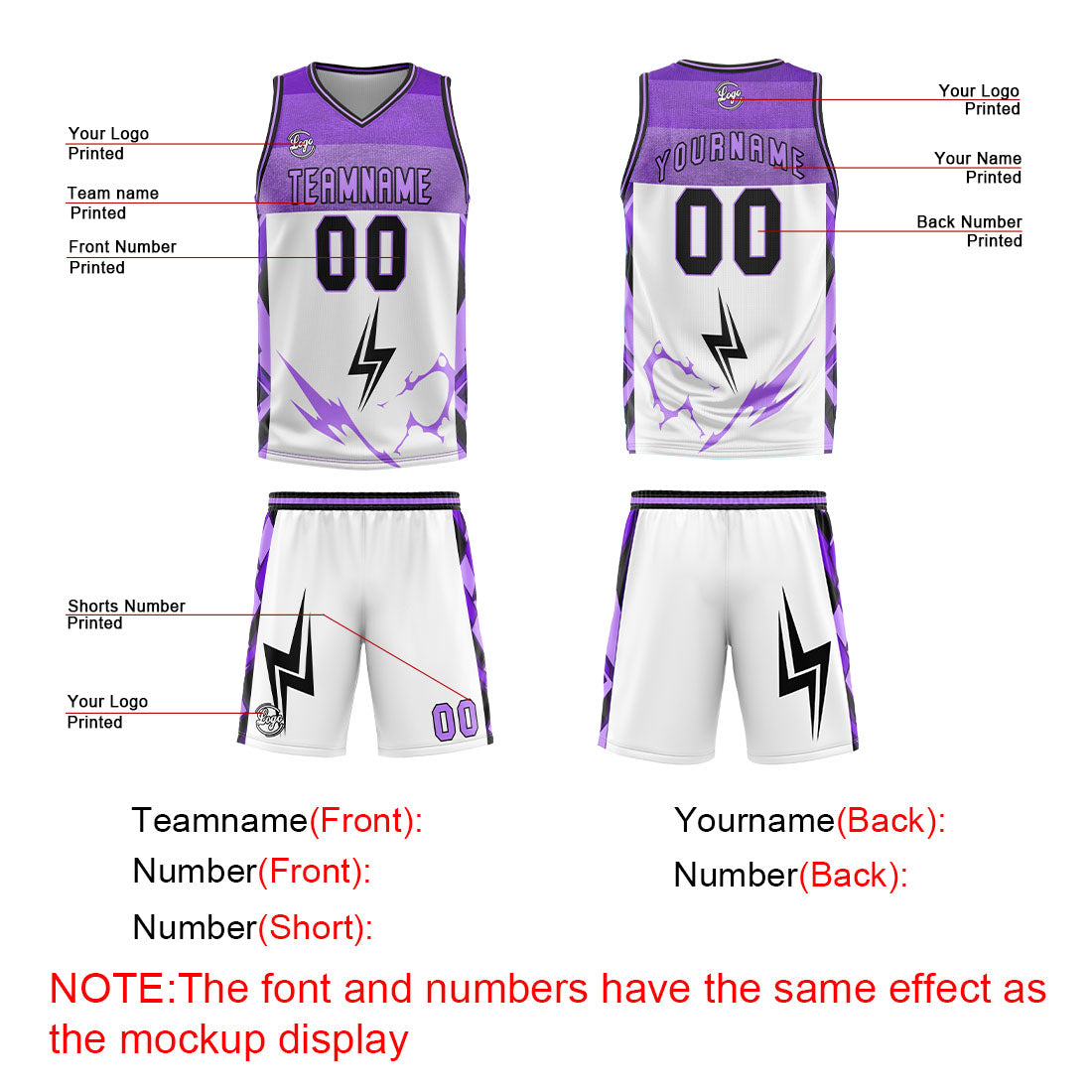 Benutzerdefinierter Weiß Lila Basketball Jersey Uniform Anzug gedruckt Ihr Logo Name Nummer