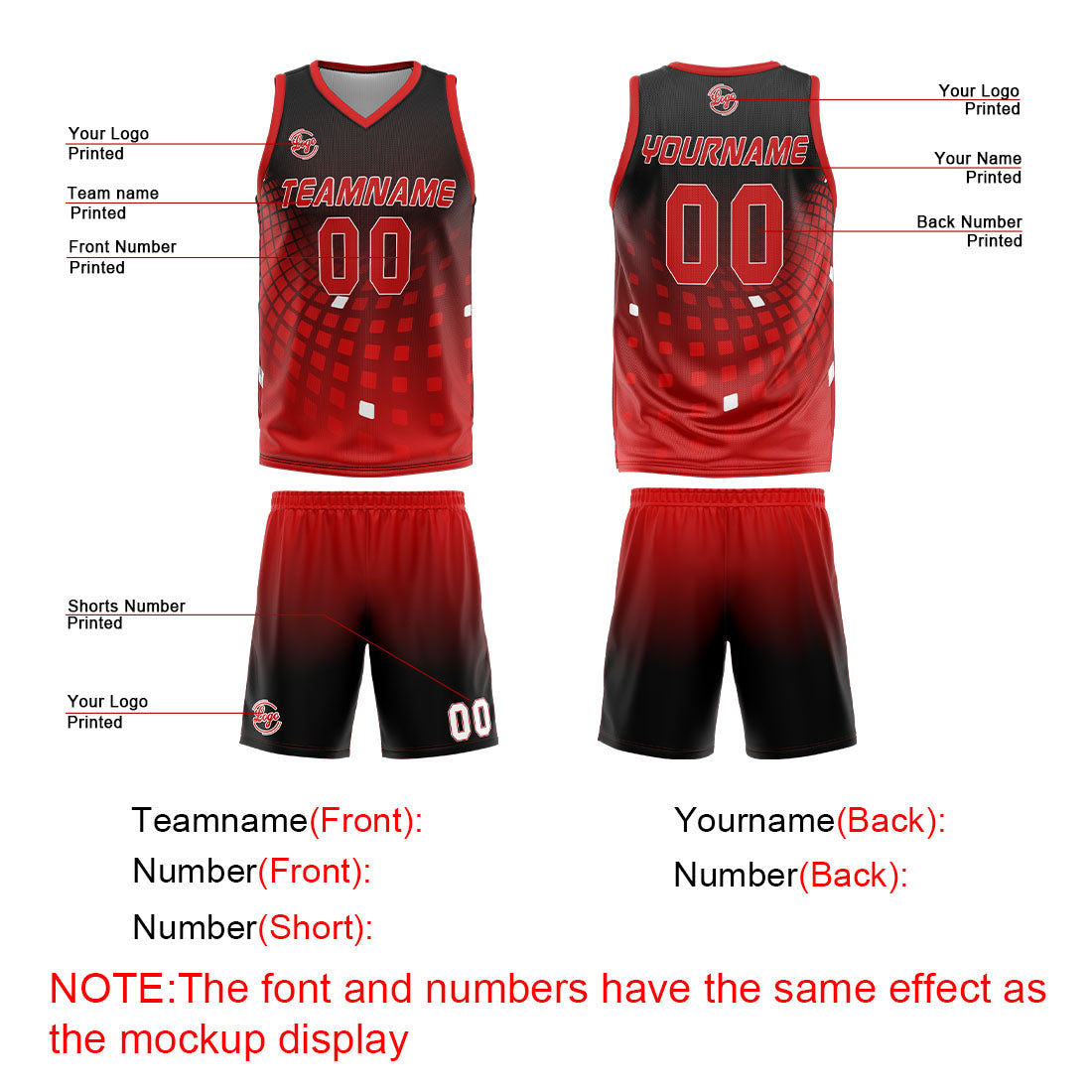 Benutzerdefinierter Schwarz Rot Basketball Jersey Uniform Anzug gedruckt Ihr Logo Name Nummer