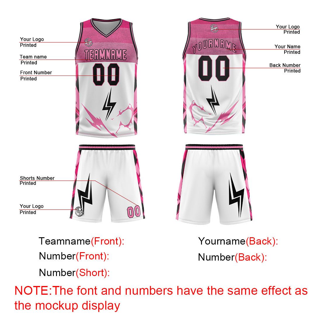 Benutzerdefinierter Weiß Rosa Basketball Jersey Uniform Anzug gedruckt Ihr Logo Name Nummer