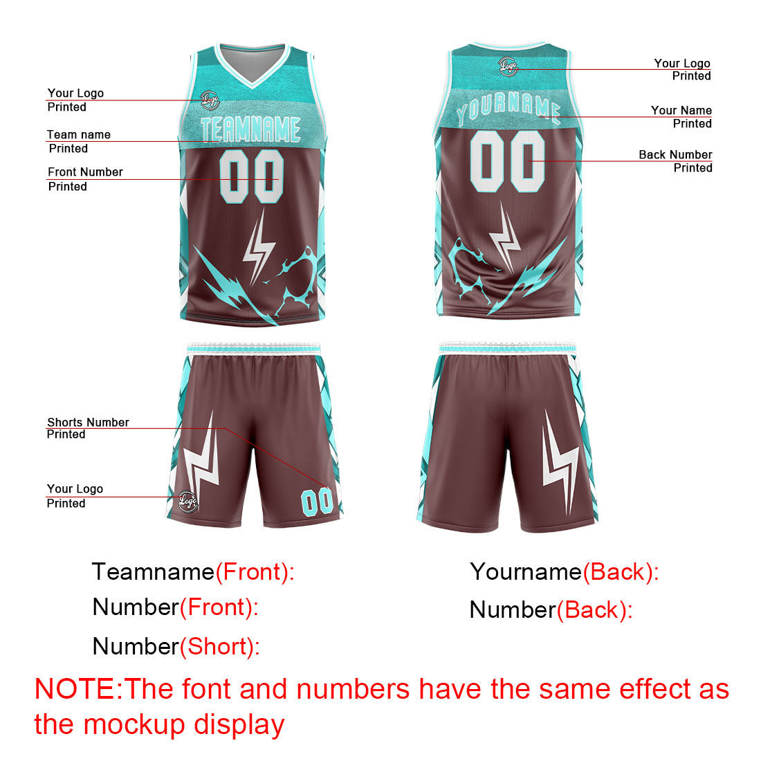 Benutzerdefinierter Braun Cyan Basketball Jersey Uniform Anzug gedruckt Ihr Logo Name Nummer