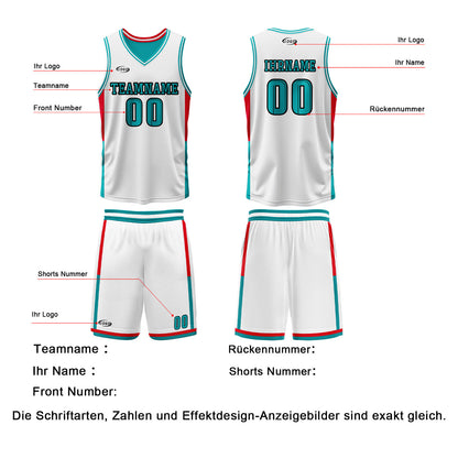 Benutzerdefinierte Weiß Cyan Rot Reversible Basketball Jersey Personalisierte Drucken Name Nummer Logo