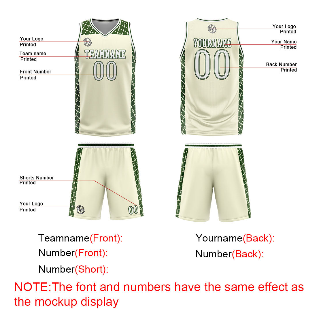 Benutzerdefinierter Creme Grün Basketball Jersey Uniform Anzug gedruckt Ihr Logo Name Nummer