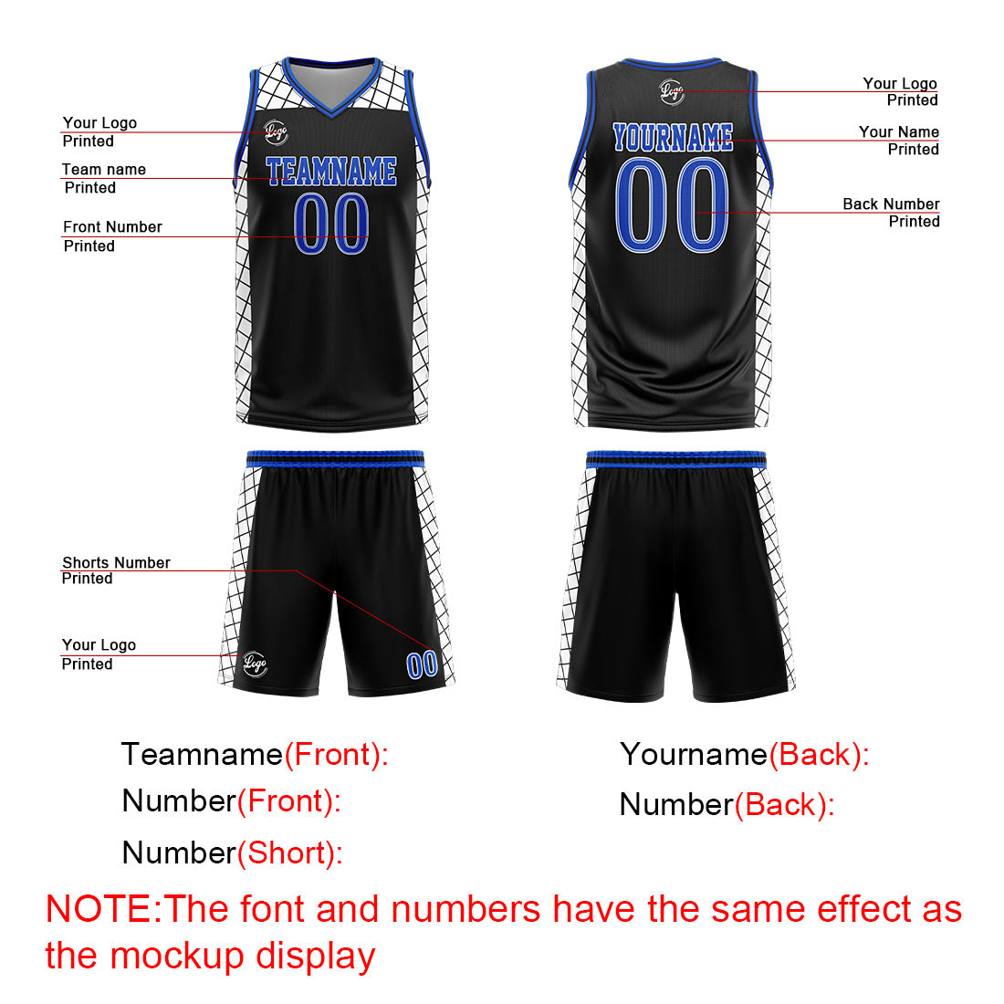 Benutzerdefinierter Schwarz  Blau Basketball Jersey Uniform Anzug gedruckt Ihr Logo Name Nummer