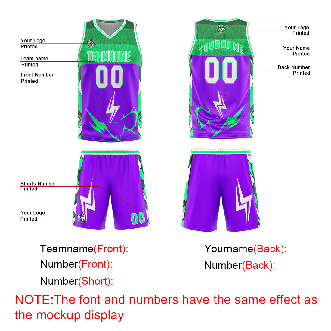 Benutzerdefinierter Lila Grün Basketball Jersey Uniform Anzug gedruckt Ihr Logo Name Nummer