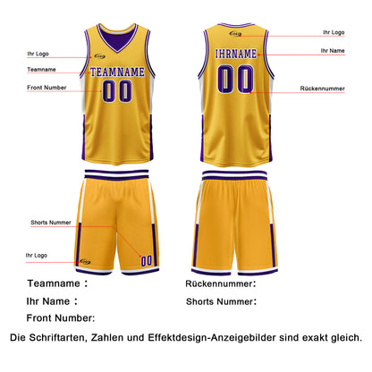 Benutzerdefinierte Gelb Lila Reversible Basketball Jersey Personalisierte Drucken Name Nummer Logo