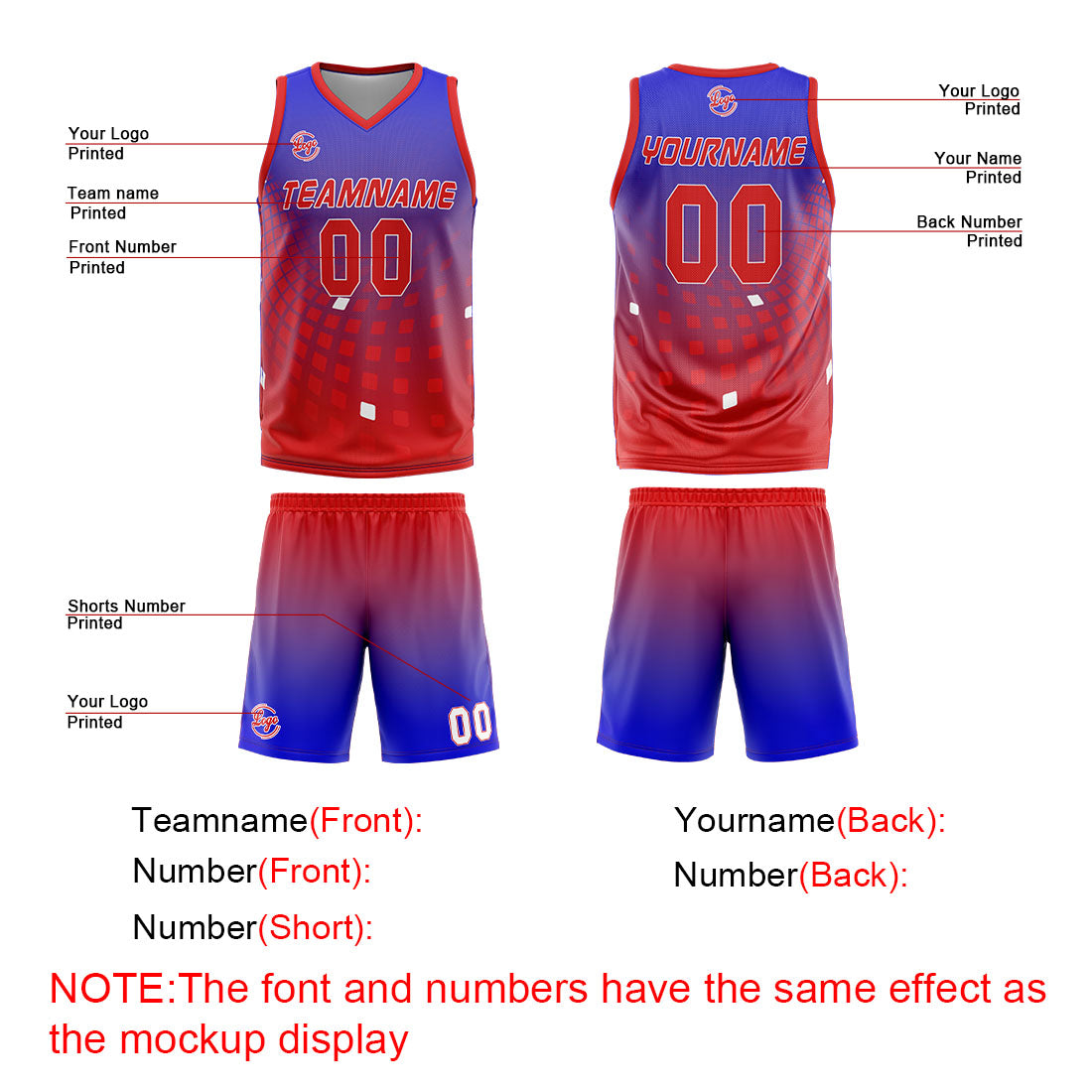 Benutzerdefinierter Blau Rot Basketball Jersey Uniform Anzug gedruckt Ihr Logo Name Nummer
