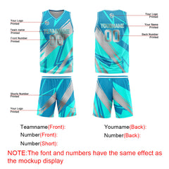 Benutzerdefinierter Cyan Grau Basketball Jersey Uniform Anzug gedruckt Ihr Logo Name Nummer