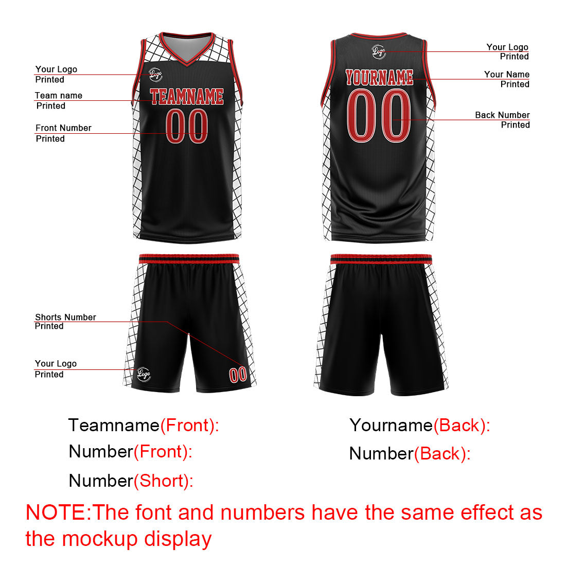 Benutzerdefinierter Schwarz Rot Basketball Jersey Uniform Anzug gedruckt Ihr Logo Name Nummer