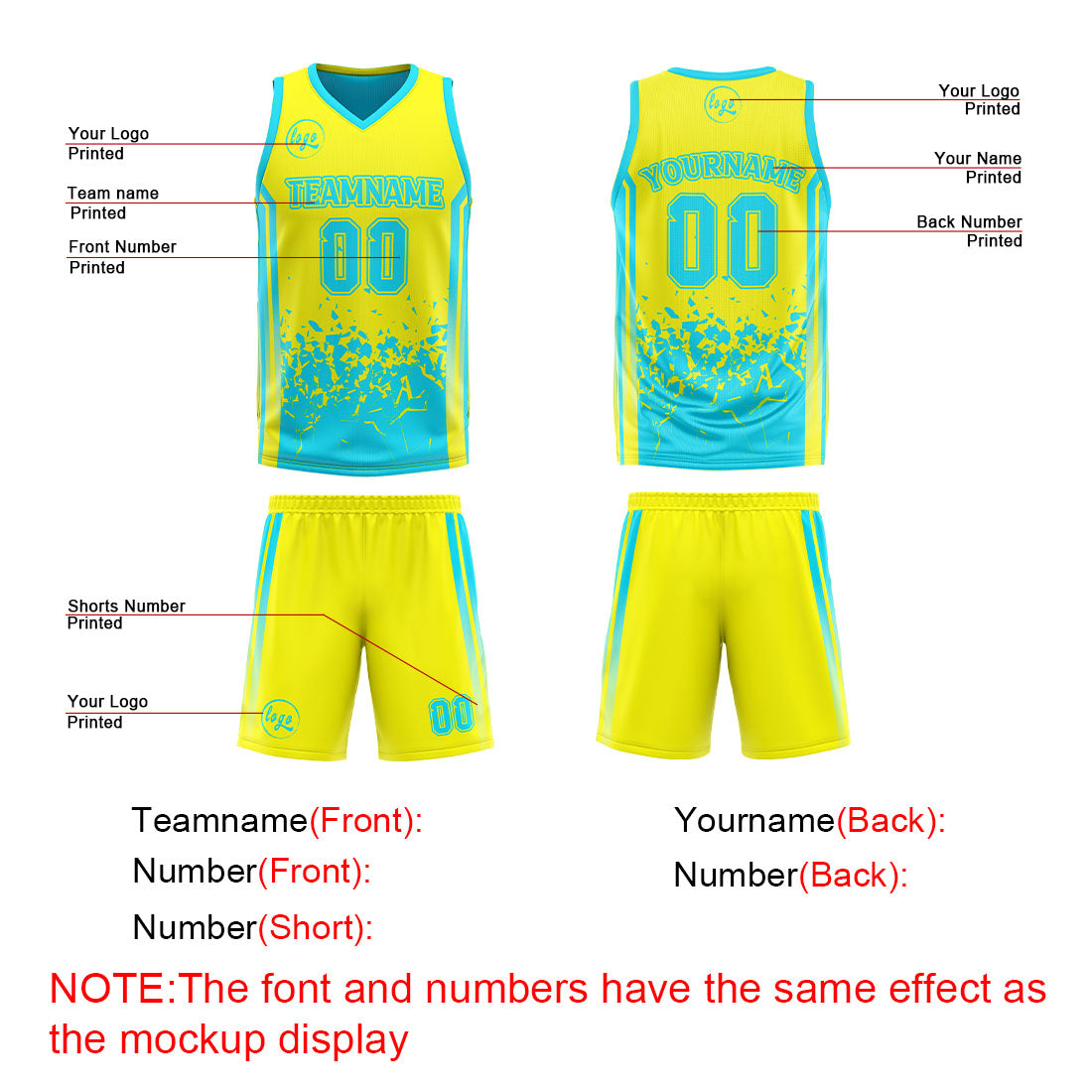 Benutzerdefinierte Hellgelb Hellblau Reversible Basketball Jersey Personalisierte Drucken Name Nummer Logo