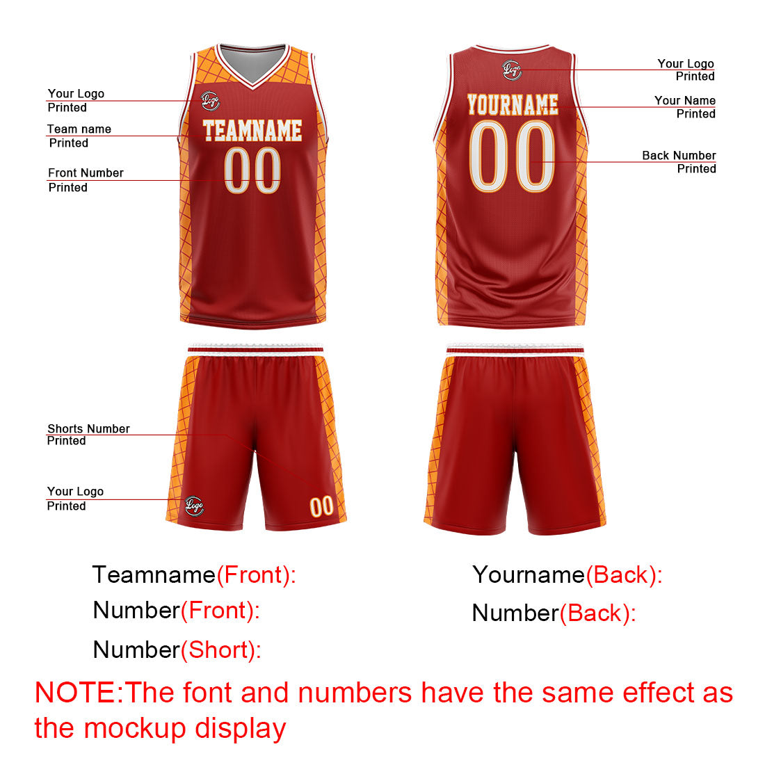 Benutzerdefinierter Rot Orange Basketball Jersey Uniform Anzug gedruckt Ihr Logo Name Nummer