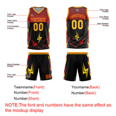 Benutzerdefinierter Schwarz Rot Gelb Basketball Jersey Uniform Anzug gedruckt Ihr Logo Name Nummer