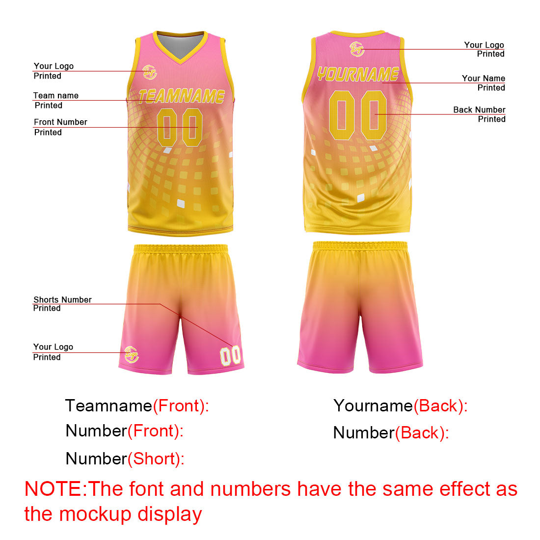 Benutzerdefinierter Rosa Gelb Basketball Jersey Uniform Anzug gedruckt Ihr Logo Name Nummer
