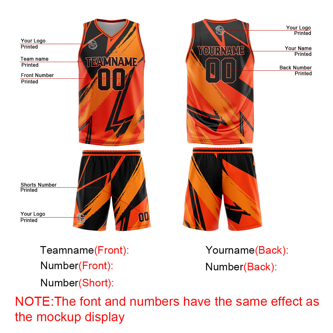 Benutzerdefinierter Orange Schwarz Basketball Jersey Uniform Anzug gedruckt Ihr Logo Name Nummer