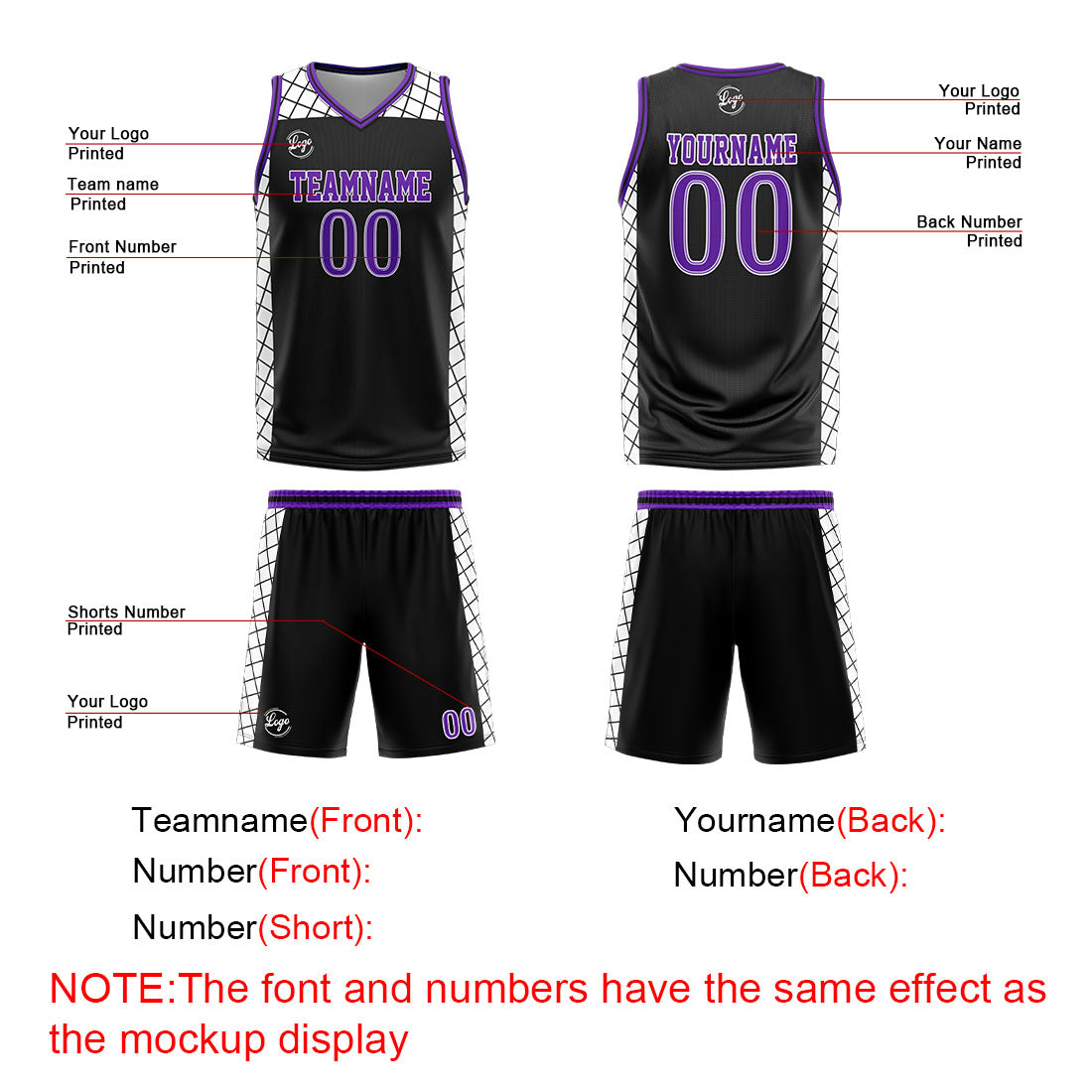 Benutzerdefinierter Schwarz Lila Basketball Jersey Uniform Anzug gedruckt Ihr Logo Name Nummer