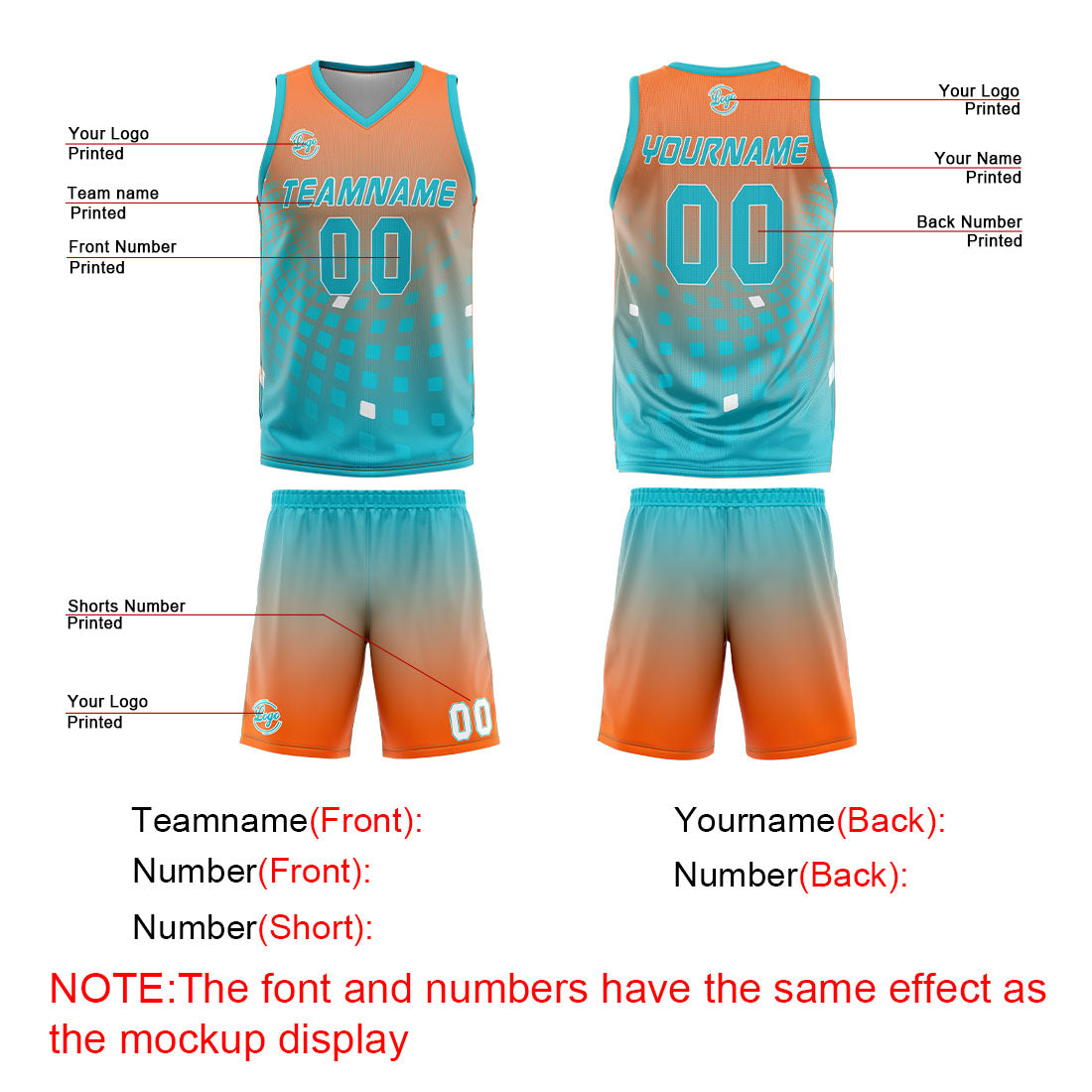 Benutzerdefinierter Orange Cyan Basketball Jersey Uniform Anzug gedruckt Ihr Logo Name Nummer