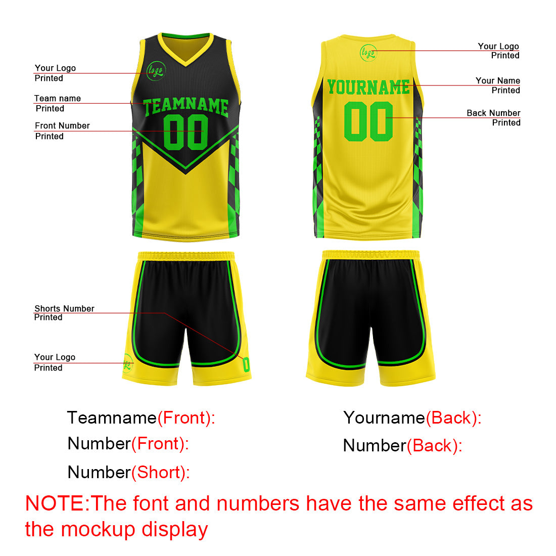 Benutzerdefinierte Schwarz Gelb Lichtgrün Reversible Basketball Jersey Personalisierte Print Name Nummer Logo