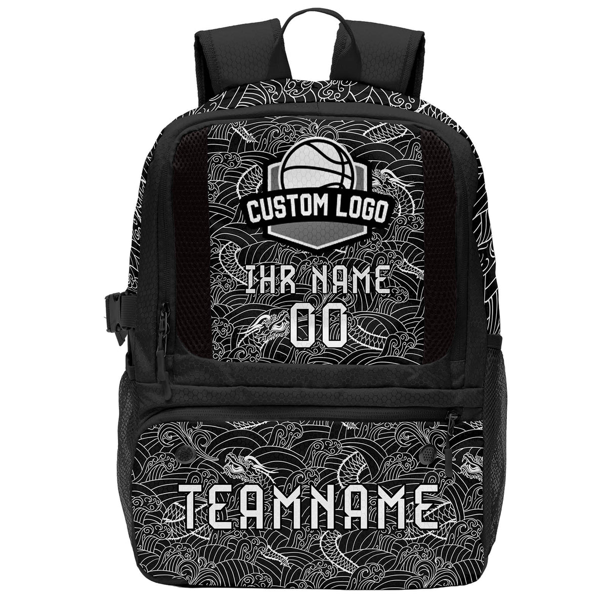 Personalisierter Basketball - und Fußballrucksack in Schwarz - Weiß mit Spielernamen & Nummern und Teamlogo #BP-0919-0004