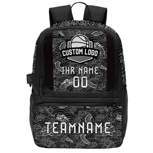 Personalisierter Basketball - und Fußballrucksack in Schwarz - Weiß mit Spielernamen & Nummern und Teamlogo #BP-0919-0004