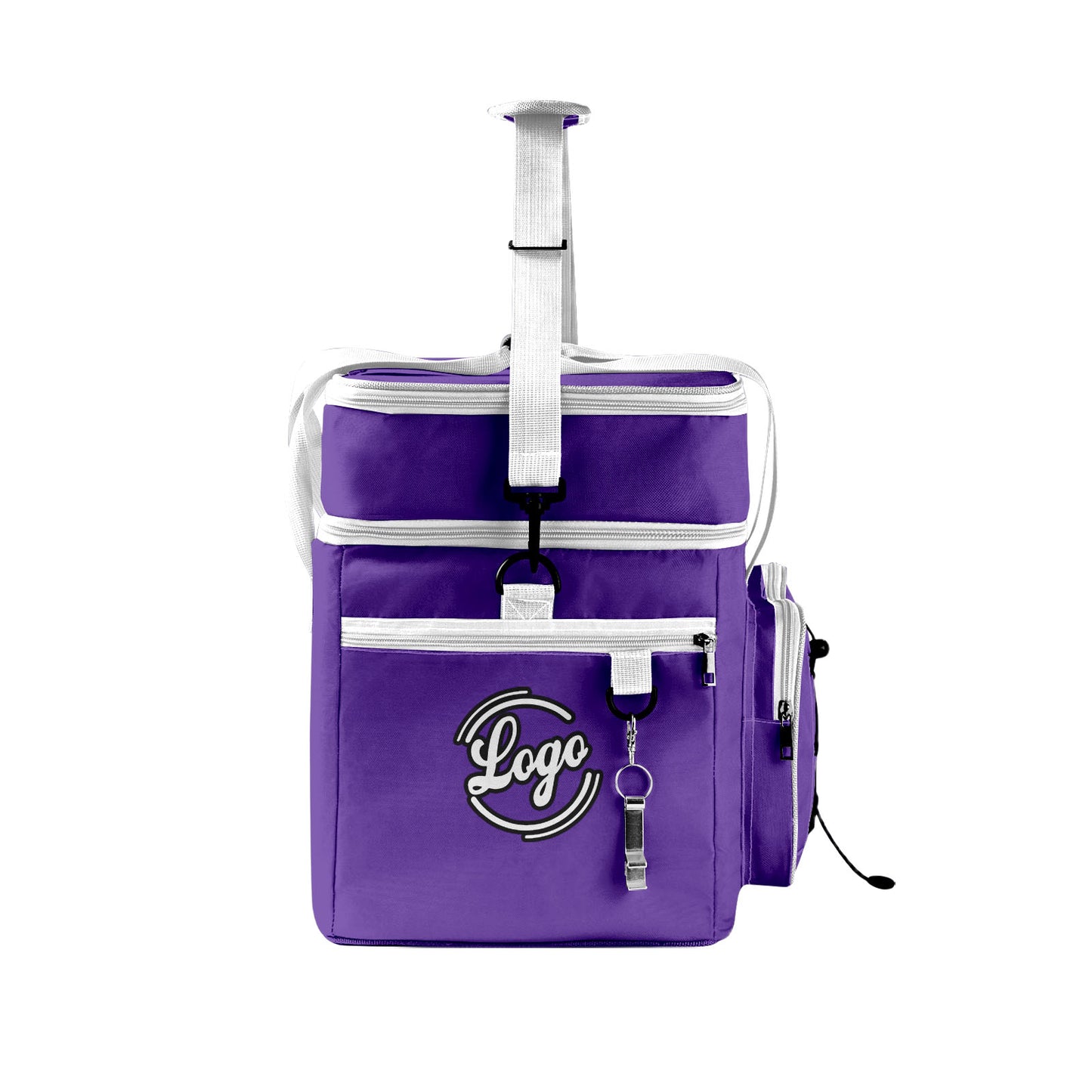 Maßgeschickerte Lila Weiß vollflächig bedruckte isolierte Kühltasche mit Doppelwand Wasserdichte 600D Oxford Picknick-Tragetasche für Teamevents & Outdoor-Grillen