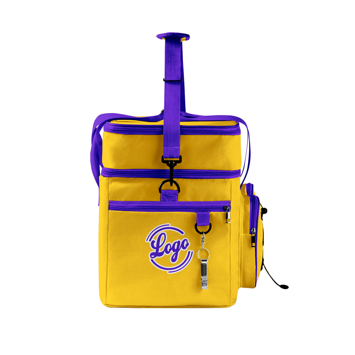 Maßgeschickerte Gelb Lila vollflächig bedruckte isolierte Kühltasche mit Doppelwand Wasserdichte 600D Oxford Picknick-Tragetasche für Teamevents & Outdoor-Grillen