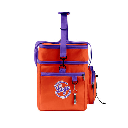 Maßgeschickerte Orange Lila vollflächig bedruckte isolierte Kühltasche mit Doppelwand Wasserdichte 600D Oxford Picknick-Tragetasche für Teamevents & Outdoor-Grillen
