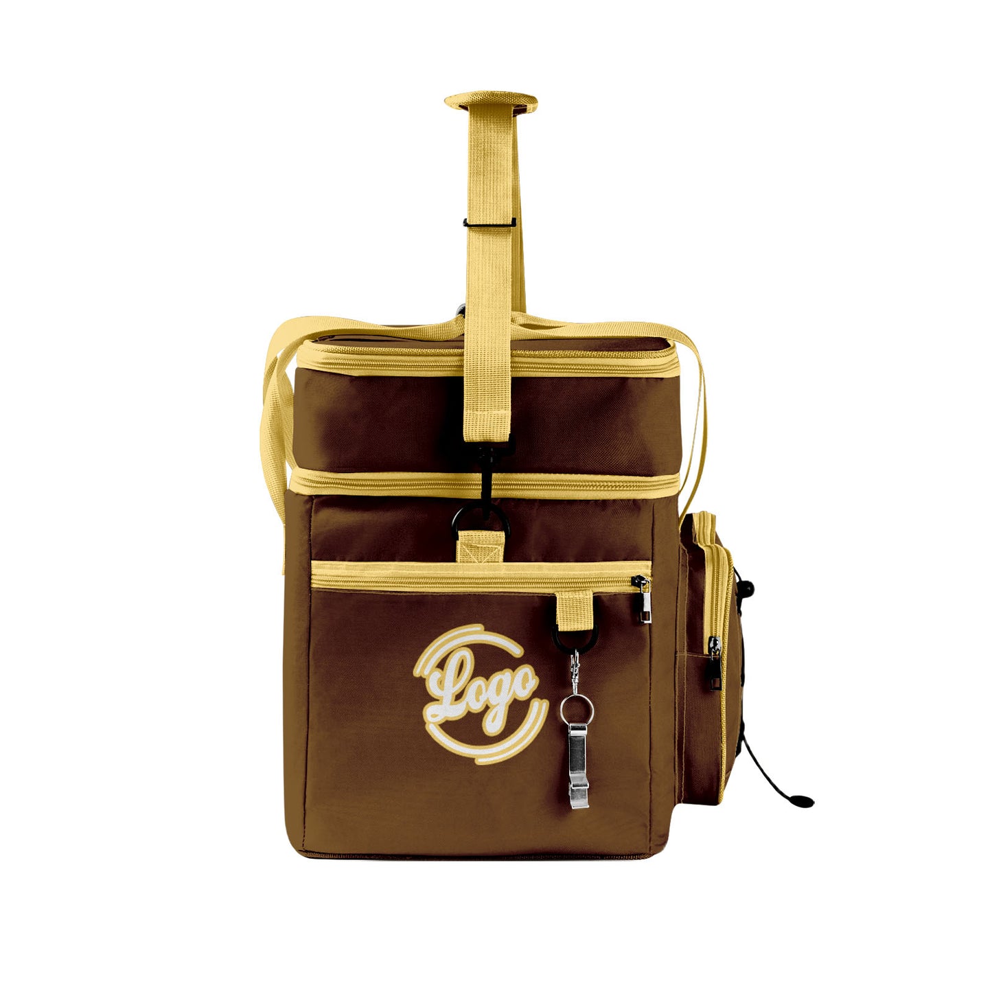 Maßgeschickerte Braun Gelb vollflächig bedruckte isolierte Kühltasche mit Doppelwand Wasserdichte 600D Oxford Picknick-Tragetasche für Teamevents & Outdoor-Grillen