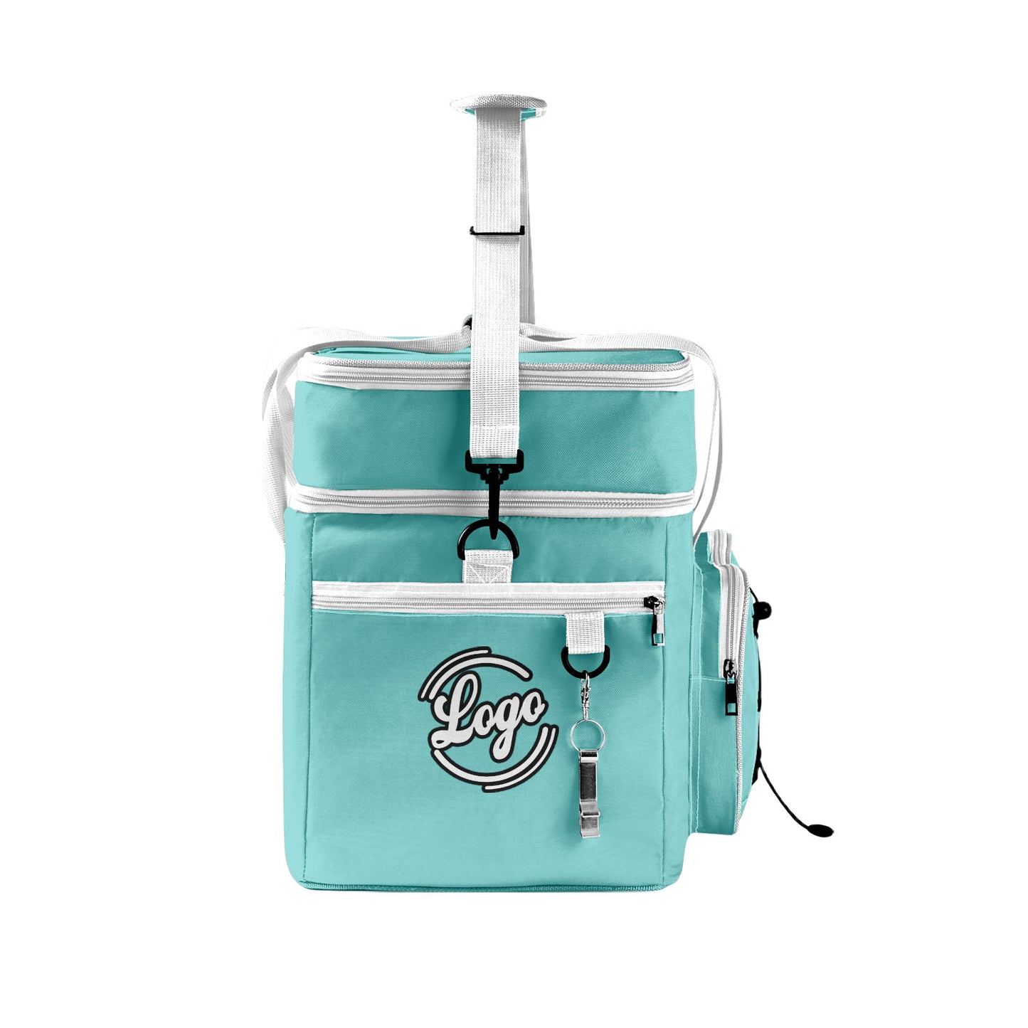 Maßgeschickerte Cyan Weiß vollflächig bedruckte isolierte Kühltasche mit Doppelwand Wasserdichte 600D Oxford Picknick-Tragetasche für Teamevents & Outdoor-Grillen