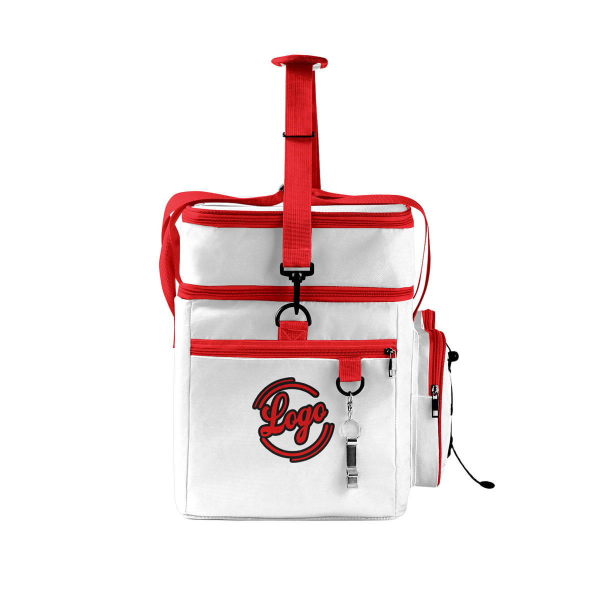 Maßgeschickerte Weiß Rot vollflächig bedruckte isolierte Kühltasche mit Doppelwand Wasserdichte 600D Oxford Picknick-Tragetasche für Teamevents & Outdoor-Grillen