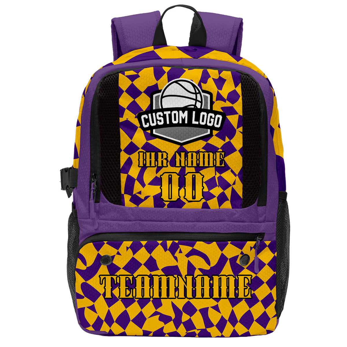 Personalisierter Basketball - und Fußballrucksack in Lila und Hellgelb mit Spielernamen & Nummern und Teamlogo #BP-0919-0031
