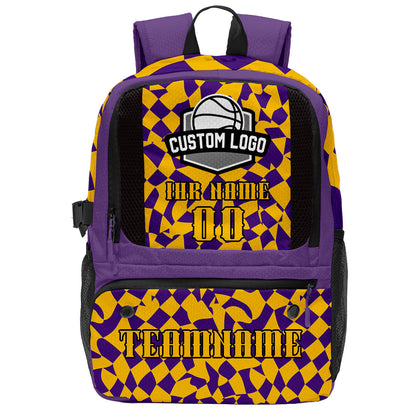 Personalisierter Basketball - und Fußballrucksack in Lila und Hellgelb mit Spielernamen & Nummern und Teamlogo #BP-0919-0031