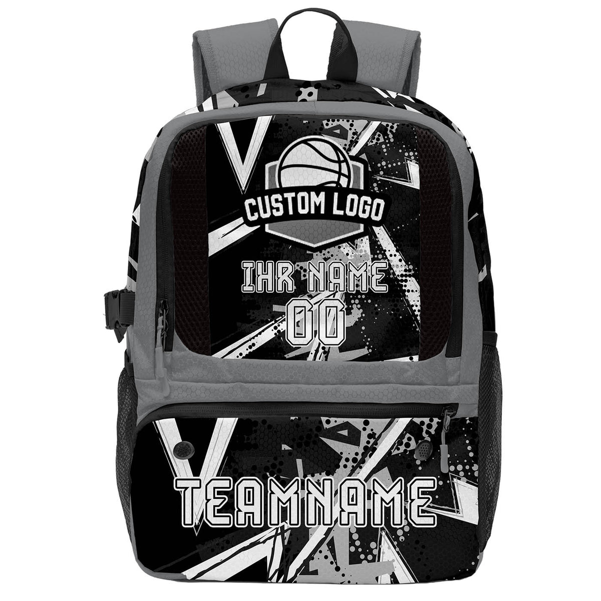 Personalisierter Basketball - und Fußballrucksack in Schwarz & Grau und Weiß mit Spielernamen & Nummern und Teamlogo #BP-0919-0002