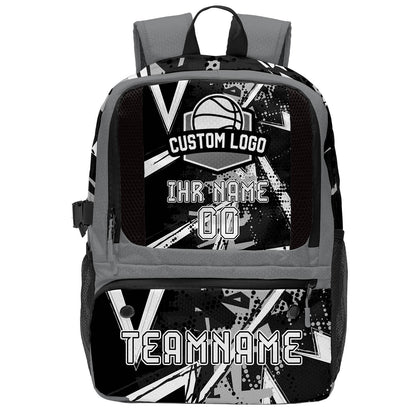 Personalisierter Basketball - und Fußballrucksack in Schwarz & Grau und Weiß mit Spielernamen & Nummern und Teamlogo #BP-0919-0002