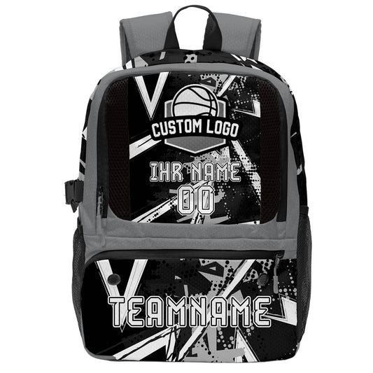 Personalisierter Basketball - und Fußballrucksack in Schwarz & Grau und Weiß mit Spielernamen & Nummern und Teamlogo #BP-0919-0002