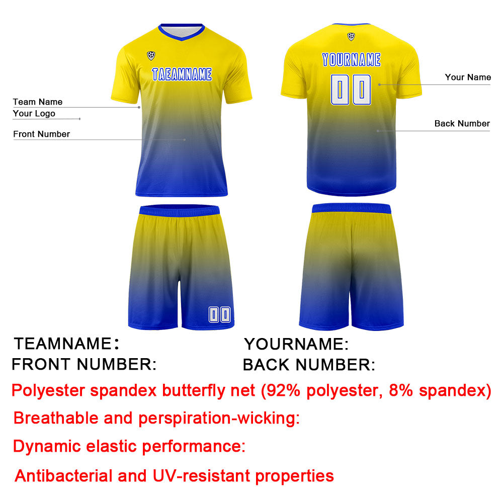 Benutzerdefinierte Gelb Blau Trikots für Männer Frauen Personalisierte Fußball Uniformen für Erwachsene und Kind