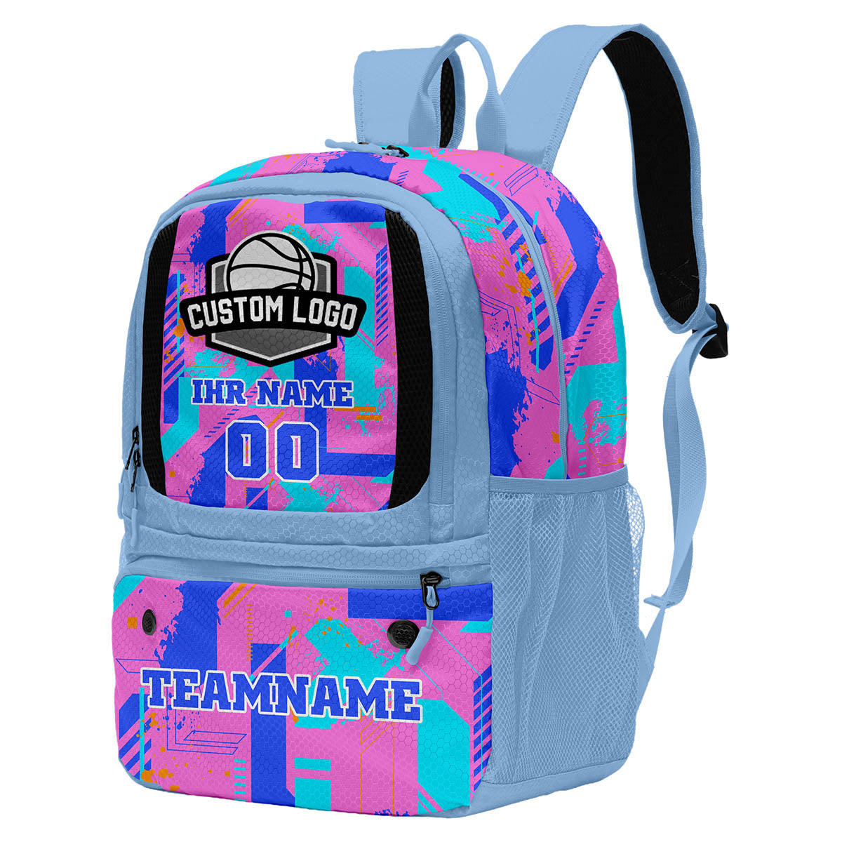 Personalisierter Basketball - und Fußballrucksack in Hellblau & Lila & Orange und Grün mit Spielernamen & Nummern und Teamlogo #BP-0919-0019