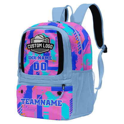 Personalisierter Basketball - und Fußballrucksack in Hellblau & Lila & Orange und Grün mit Spielernamen & Nummern und Teamlogo #BP-0919-0019