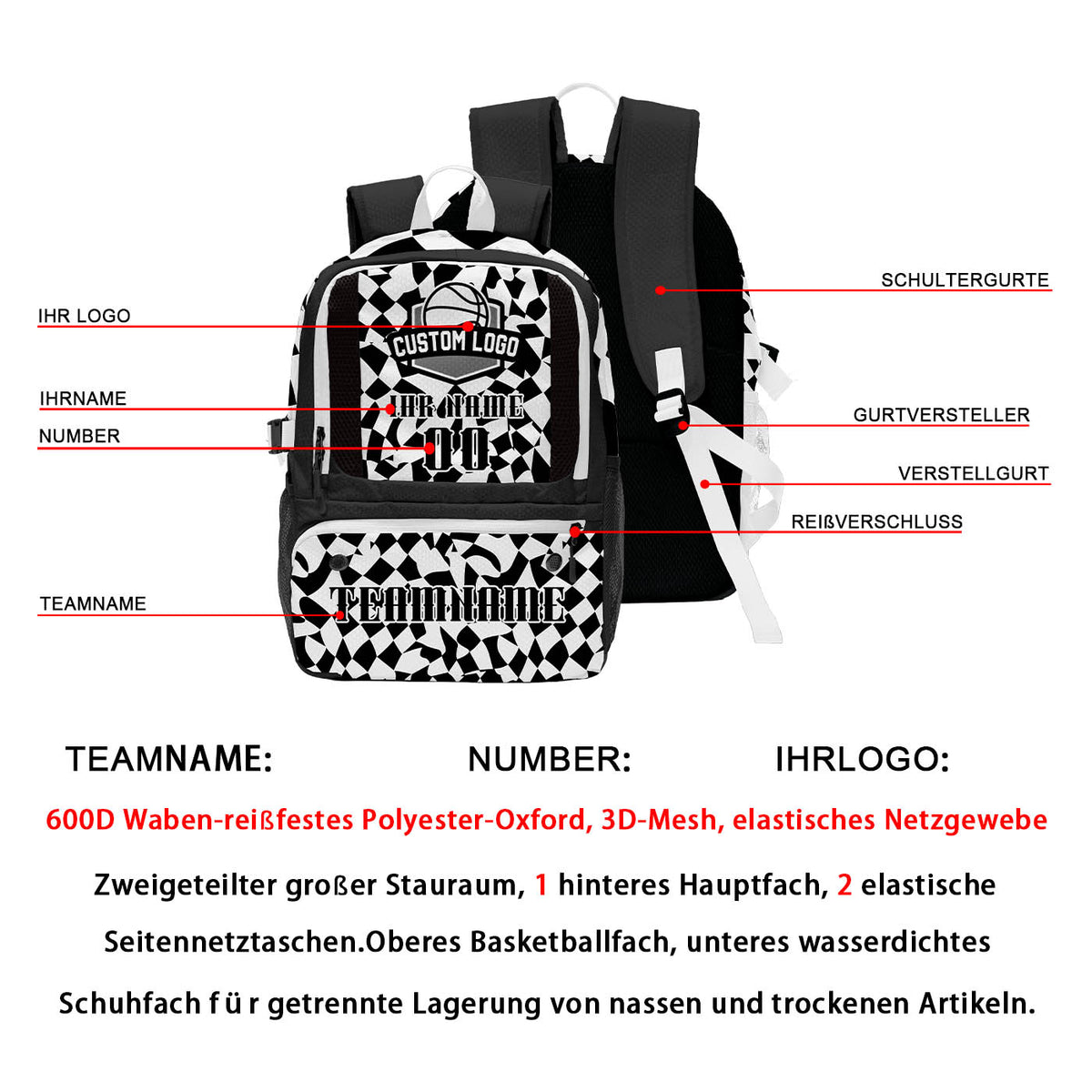 Personalisierter Basketball - und Fußballrucksack in Schwarz - Weiß mit Spielernamen & Nummern und Teamlogo #BP-0919-0001