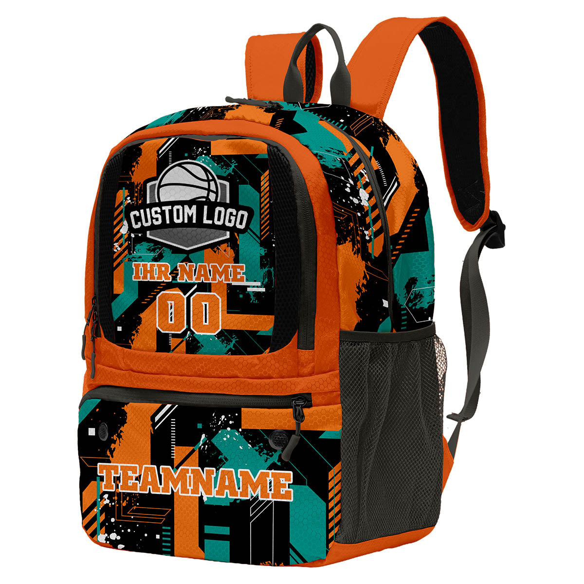 Personalisierter Basketball - und Fußballrucksack in Orange & Schwarz und Cyan mit Spielernamen & Nummern und Teamlogo #BP-0919-0024