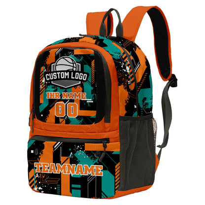 Personalisierter Basketball - und Fußballrucksack in Orange & Schwarz und Cyan mit Spielernamen & Nummern und Teamlogo #BP-0919-0024