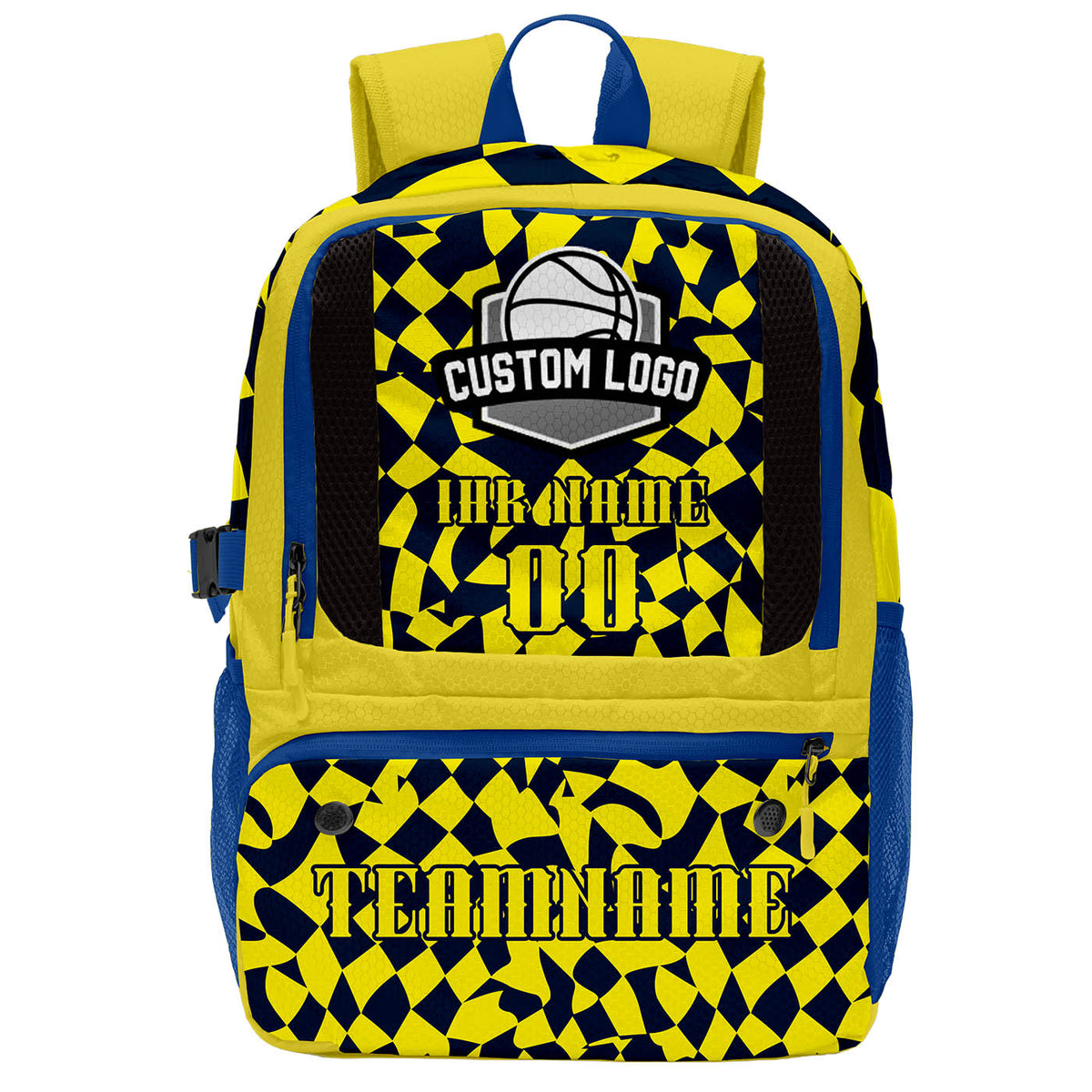 Personalisierter & zitronengelber Basketball - und Fußballrucksack mit verstecktem blauen Logo & Spielernamen & Nummern und Teamlogo #BP-0919-0018