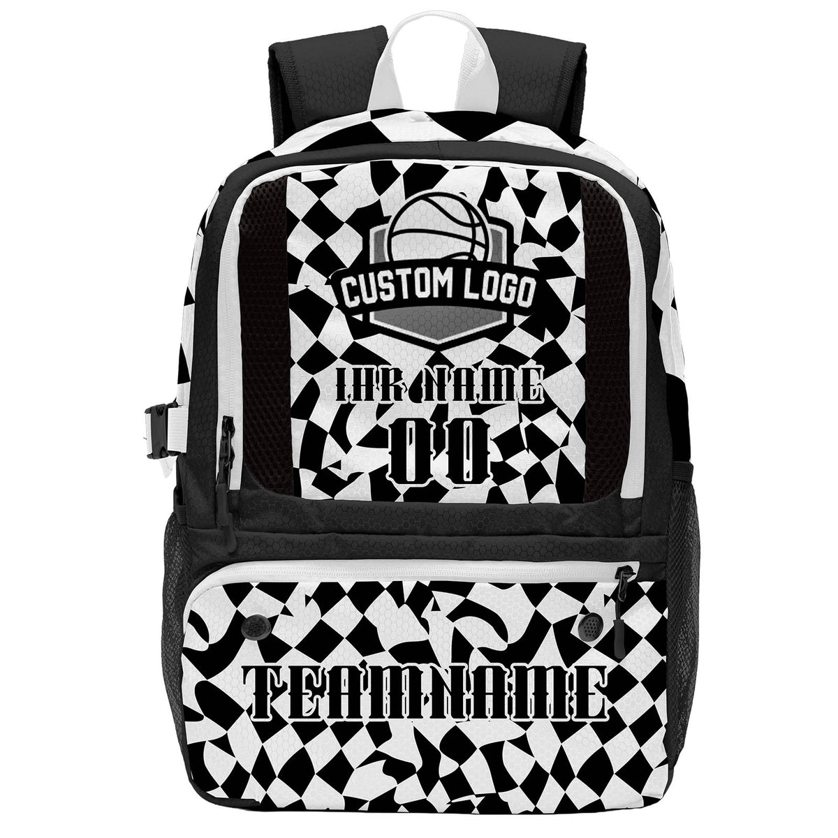 Personalisierter Basketball - und Fußballrucksack in Schwarz - Weiß mit Spielernamen & Nummern und Teamlogo #BP-0919-0001