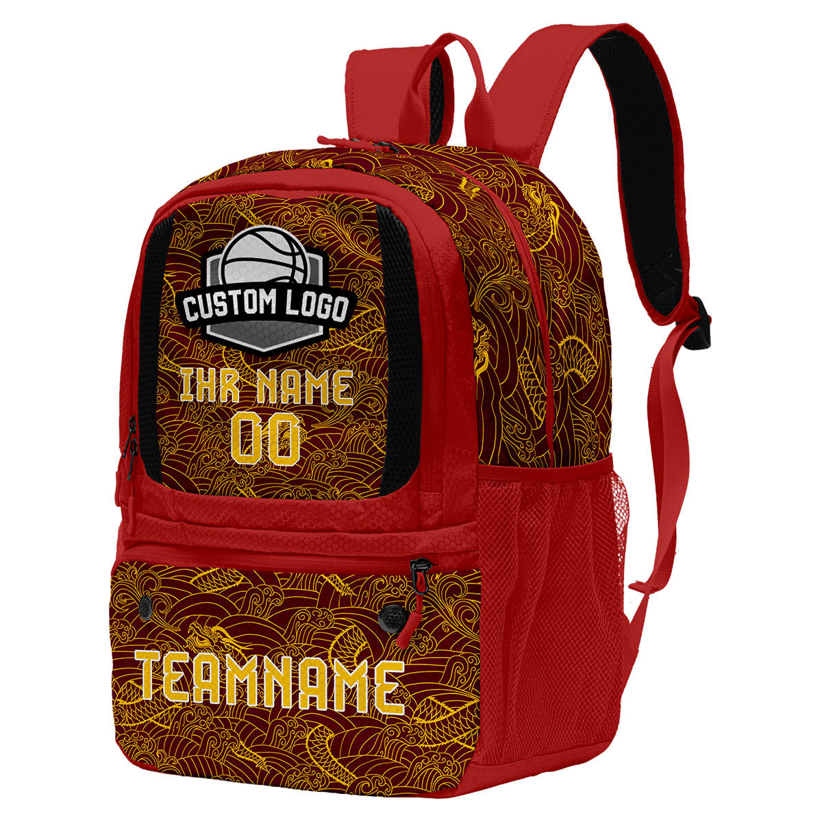 Personalisierter Basketball - und Fußballrucksack in Weinrot und Gelb mit Spielernamen & Nummern und Teamlogo #BP-0919-0039